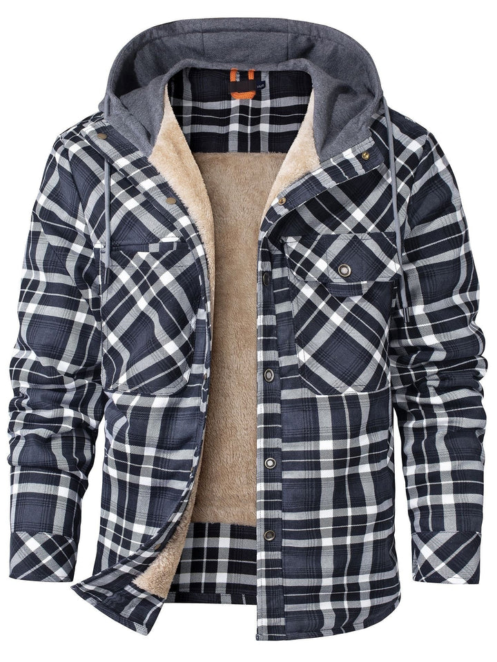 Karierte Flanelljacke mit Kapuze in Schwarz-Weiß und warmem Fleece-Futter