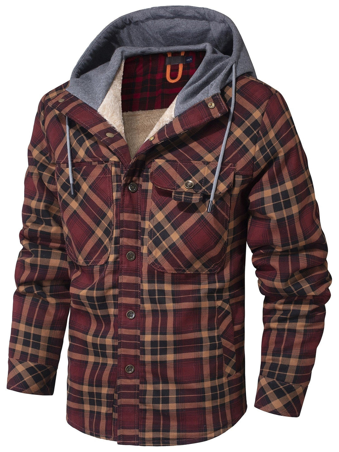 Rot-braun karierte Winterjacke mit Kapuze und warmem Innenfutter