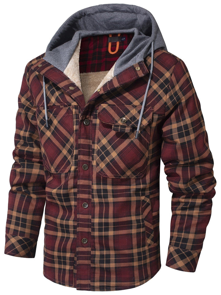 Rot-braun karierte Winterjacke mit Kapuze und warmem Innenfutter