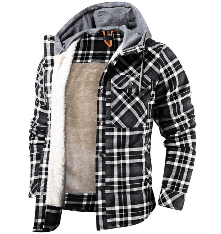 Schwarz-weiß karierte Flanelljacke mit Kapuze und Fleece-Futter