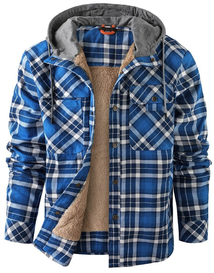 Blau karierte Flanelljacke mit grauer Kapuze und Kunstfell-Innenfutter
