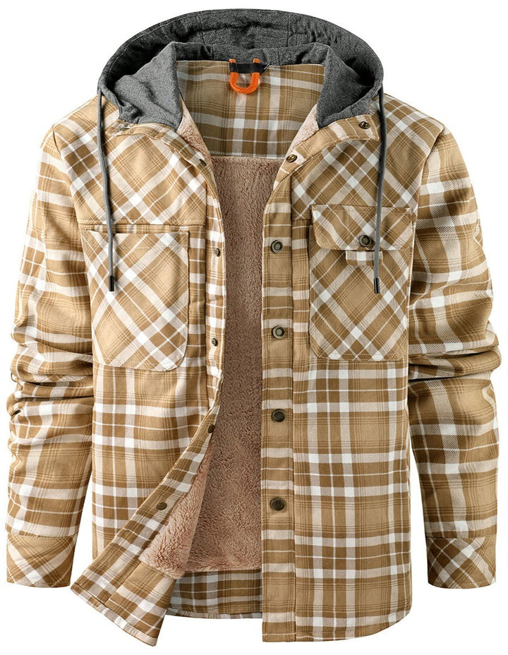 Beige-braun karierte Hemdjacke mit Kapuze und weichem Futter