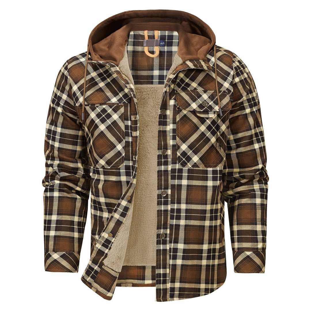 Braun karierte Flanelljacke mit Kapuze und cremefarbenem Fellfutter