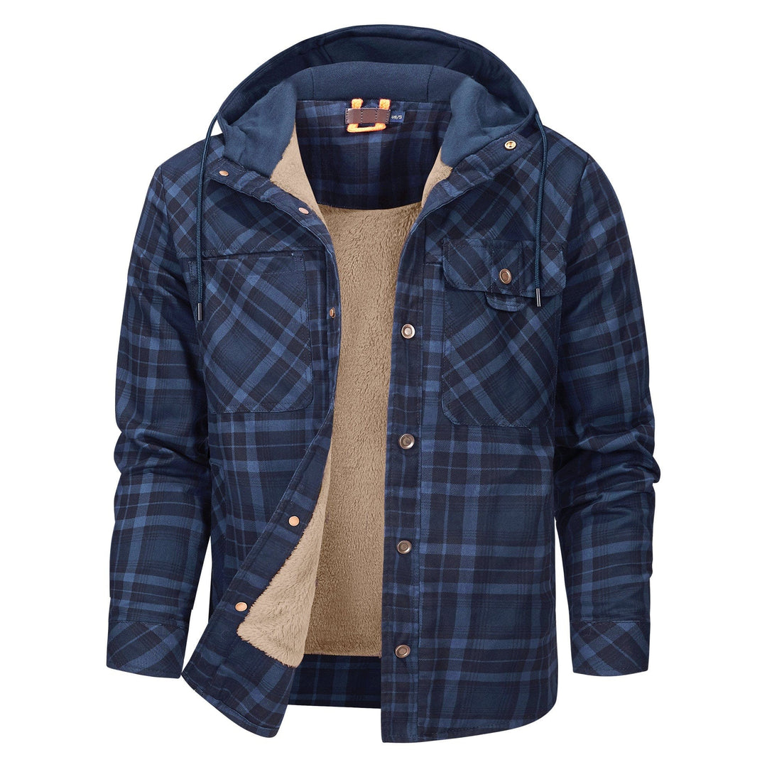 Marineblau karierte Hemdjacke mit Kapuze und beigem Fleece-Futter