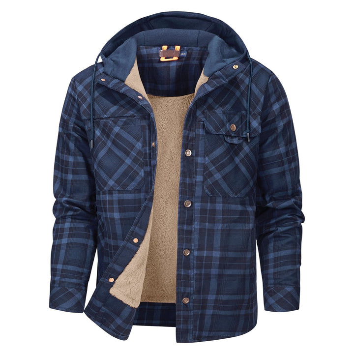 Marineblau karierte Hemdjacke mit Kapuze und beigem Fleece-Futter