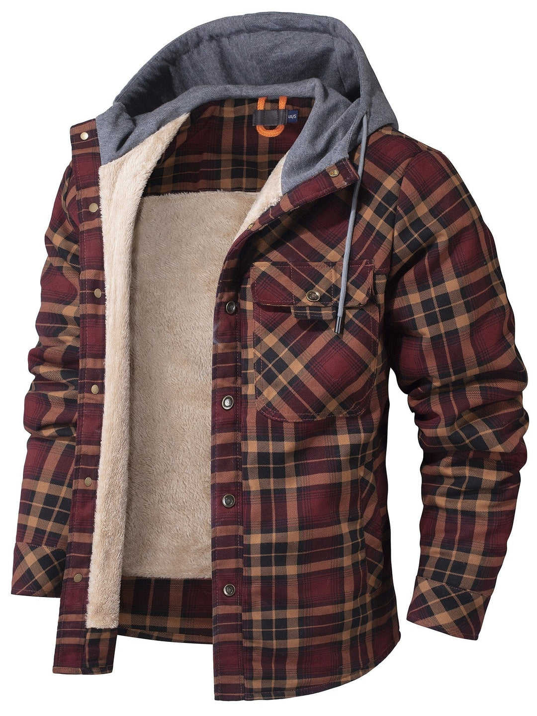 Rot-schwarz karierte Hemdjacke mit grauer Kapuze und Sherpa-Futter
