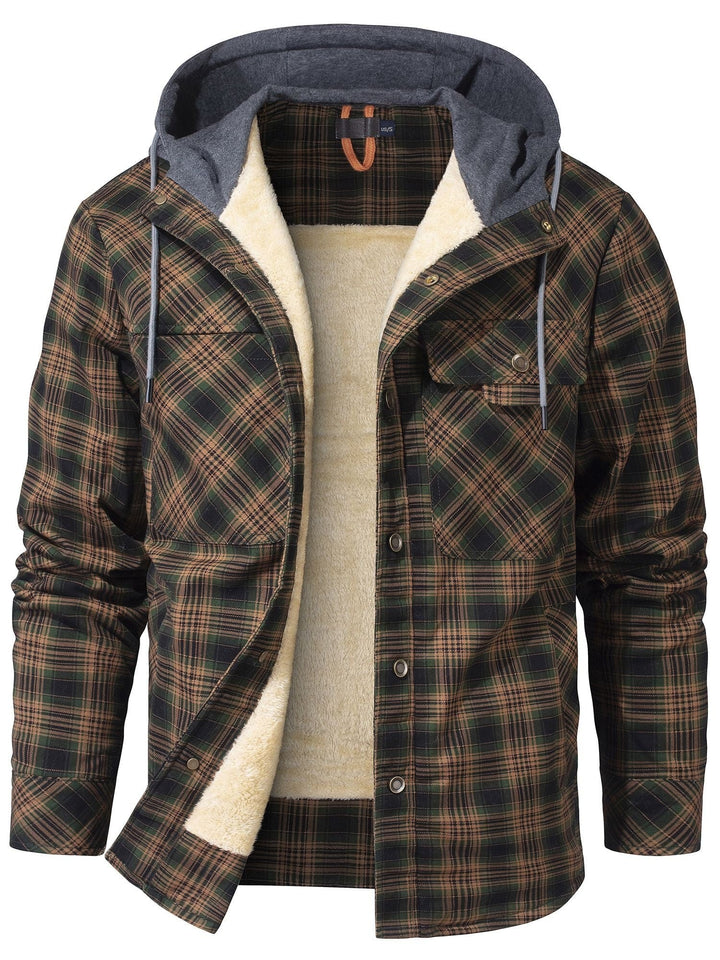 Grün-braun karierte Winterjacke mit grauer Kapuze und Kunstfell-Futter