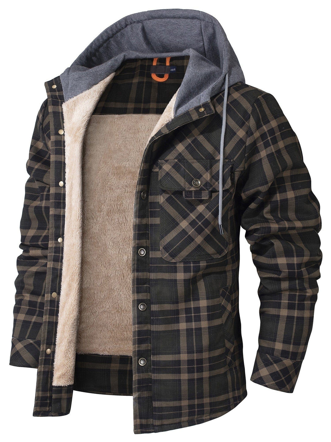 Oliv-braun karierte Flanelljacke mit Kapuze und flauschigem Innenfutter