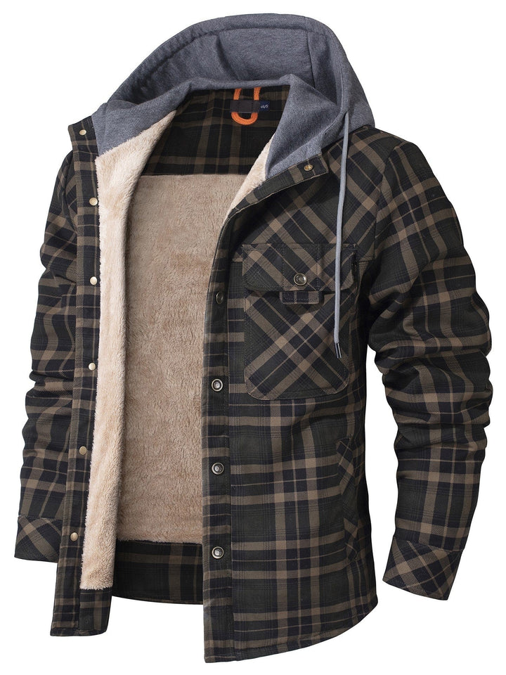 Oliv-braun karierte Flanelljacke mit Kapuze und flauschigem Innenfutter
