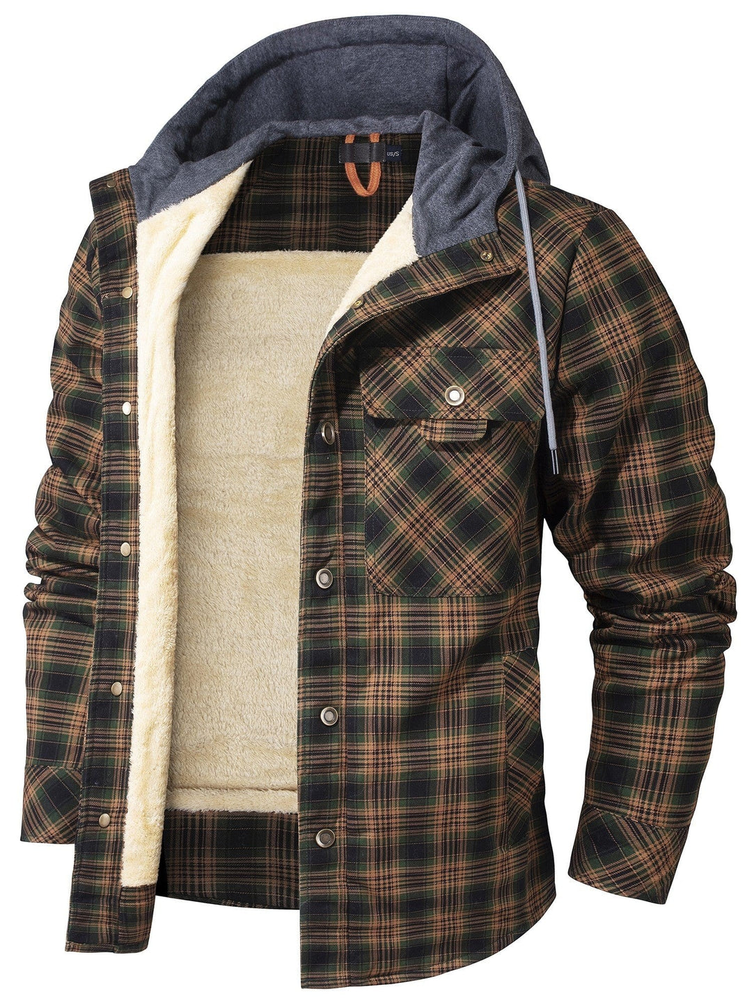 Grün-braun karierte Winterjacke mit Kapuze und kuscheligem Fleece-Futter