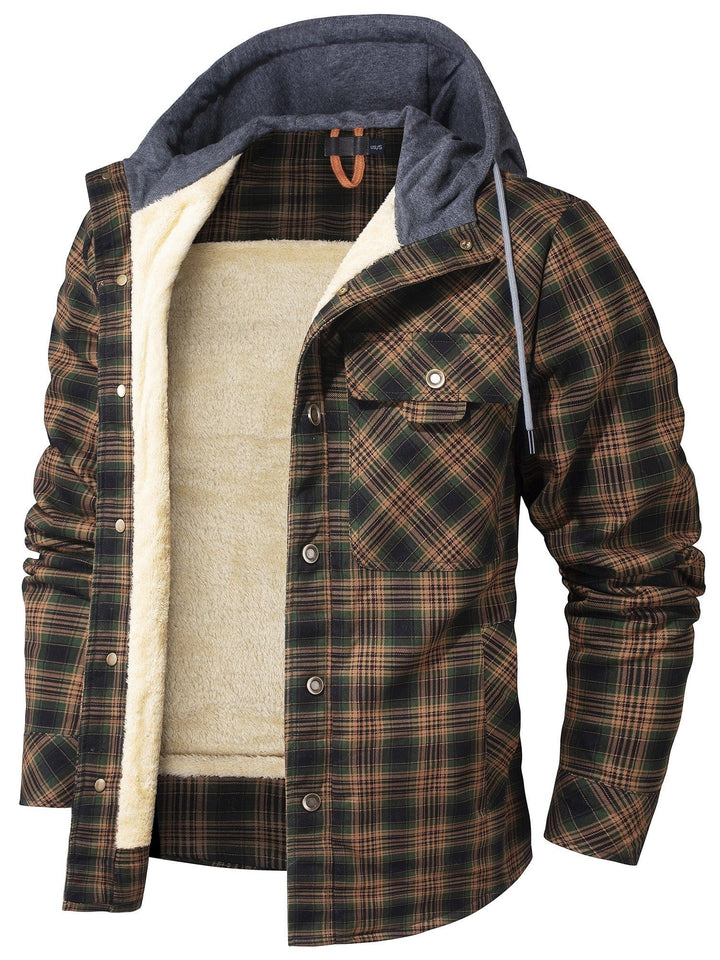 Grün-braun karierte Winterjacke mit Kapuze und kuscheligem Fleece-Futter