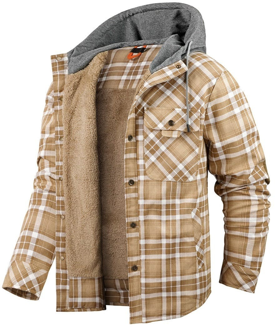 Beige karierte Flanelljacke mit Kapuze und warmem Fellfutter