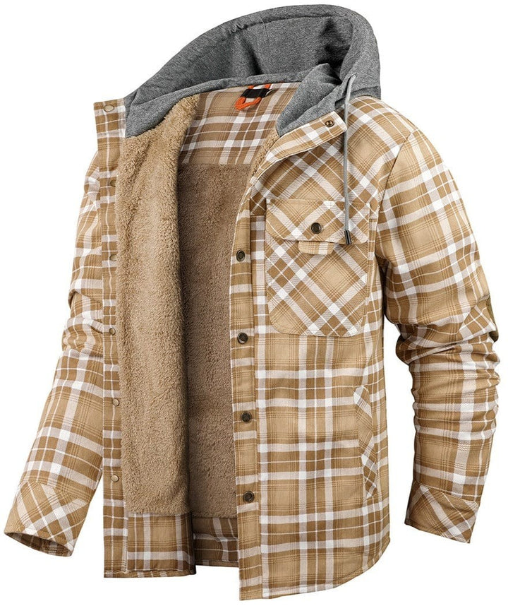 Beige karierte Flanelljacke mit Kapuze und warmem Fellfutter