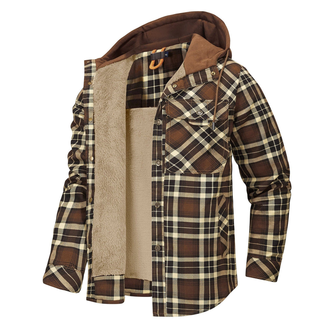 Braun karierte Herrenjacke mit Kapuze und weichem Fleece-Innenfutter