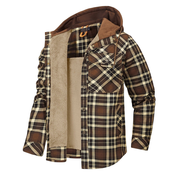 Braun karierte Herrenjacke mit Kapuze und weichem Fleece-Innenfutter