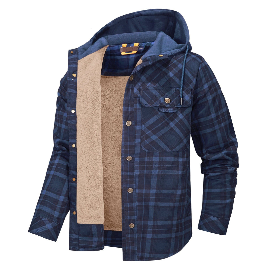 Dunkelblau karierte Hemdjacke mit Kapuze und beigem Sherpa-Futter