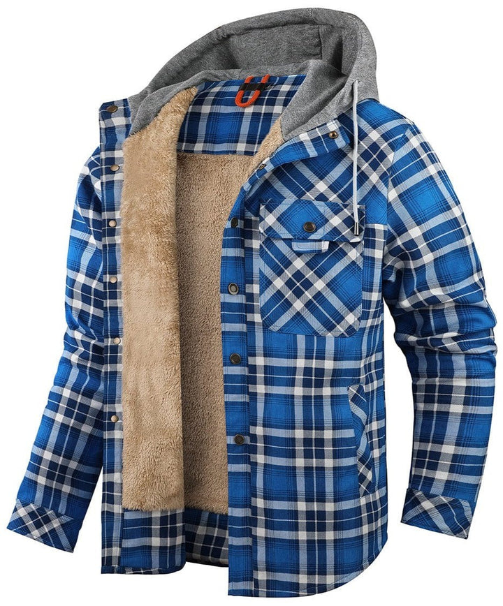 Blau-weiß karierte Flanelljacke mit grauer Kapuze und Kunstfell-Futter