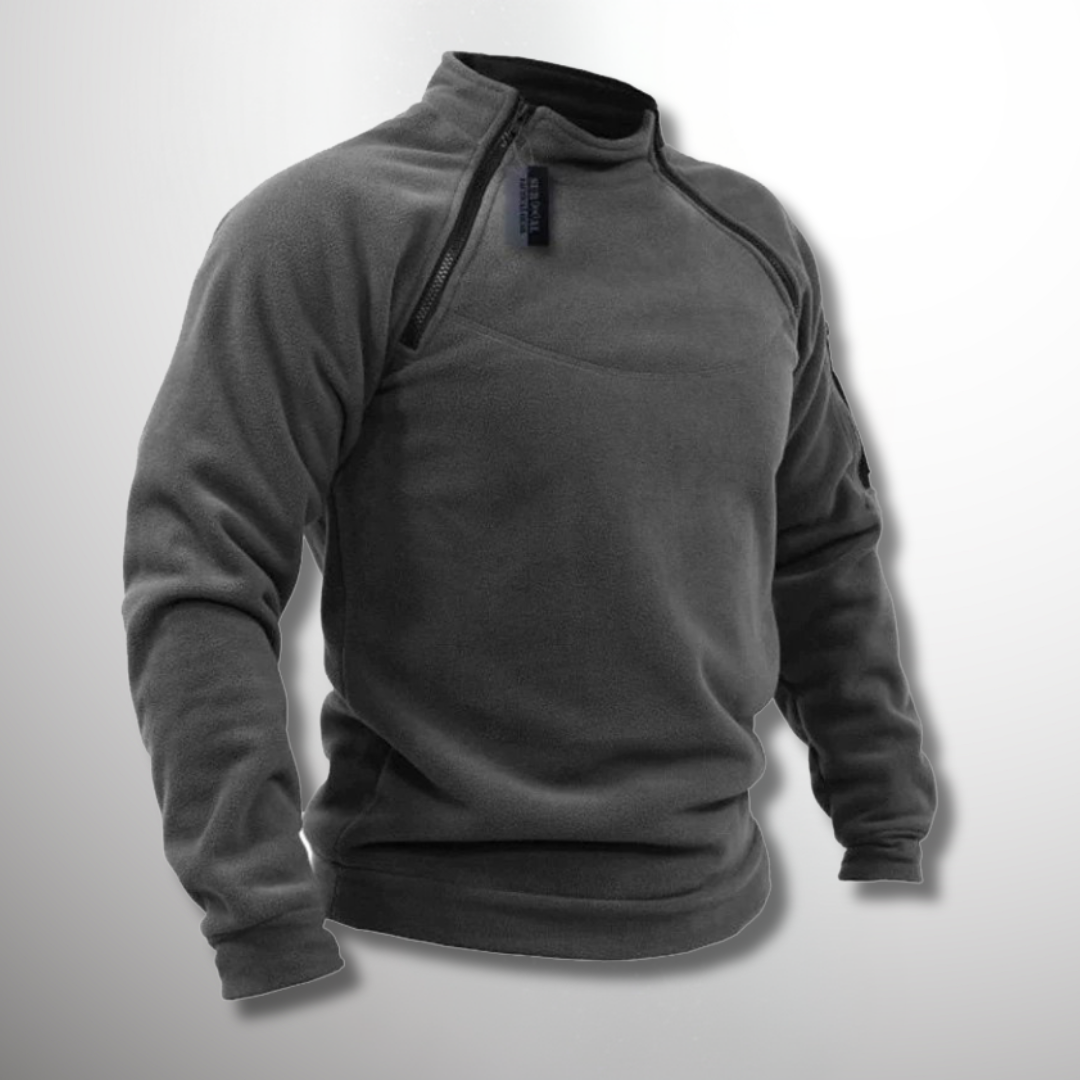 Grauer Fleece-Pullover mit Stehkragen und asymmetrischem Reißverschluss am Kragen