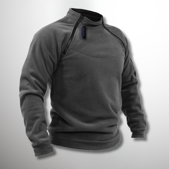 Grauer Fleece-Pullover mit Stehkragen und asymmetrischem Reißverschluss am Kragen