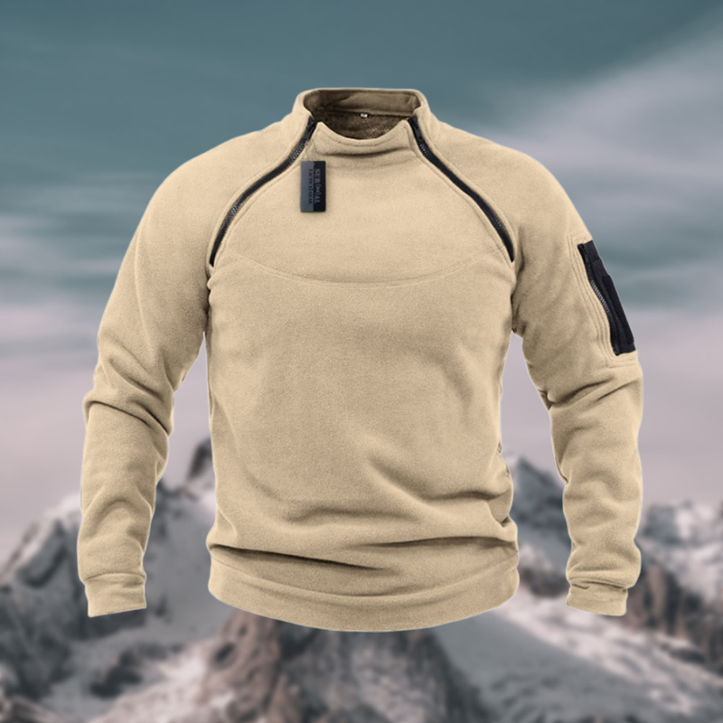 Beiger Herrenpullover mit Stehkragen und Viertelzip-Verschluss am Kragen