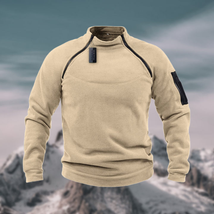 Beiger Herrenpullover mit Stehkragen und Viertelzip-Verschluss am Kragen