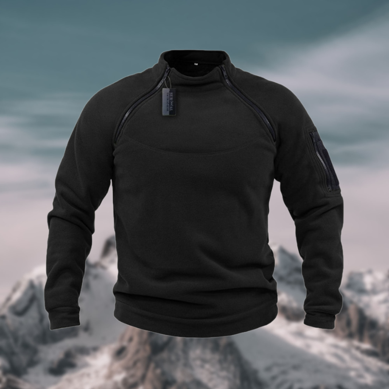 Schwarzer Viertelzip-Pullover mit Stehkragen und taktischer Ärmeltasche
