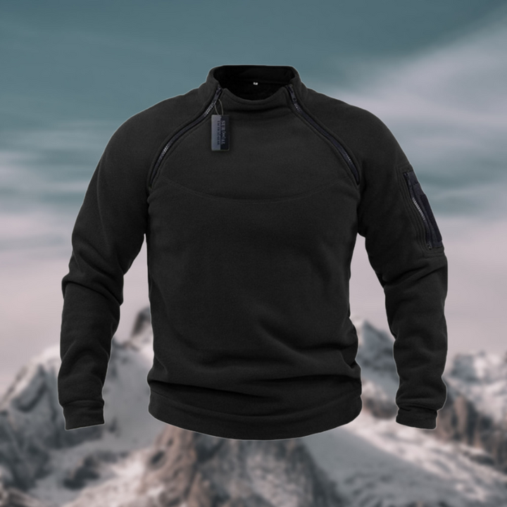 Schwarzer Viertelzip-Pullover mit Stehkragen und taktischer Ärmeltasche