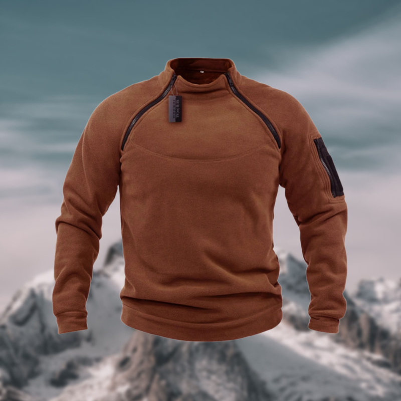 Rostbrauner Fleece-Pullover mit Stehkragen und asymmetrischem Reißverschluss