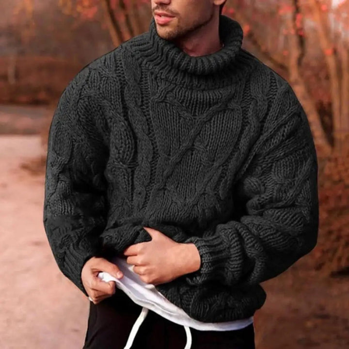 Schwarzer dick gestrickter Rollkragenpullover mit Zopfmuster für Herren