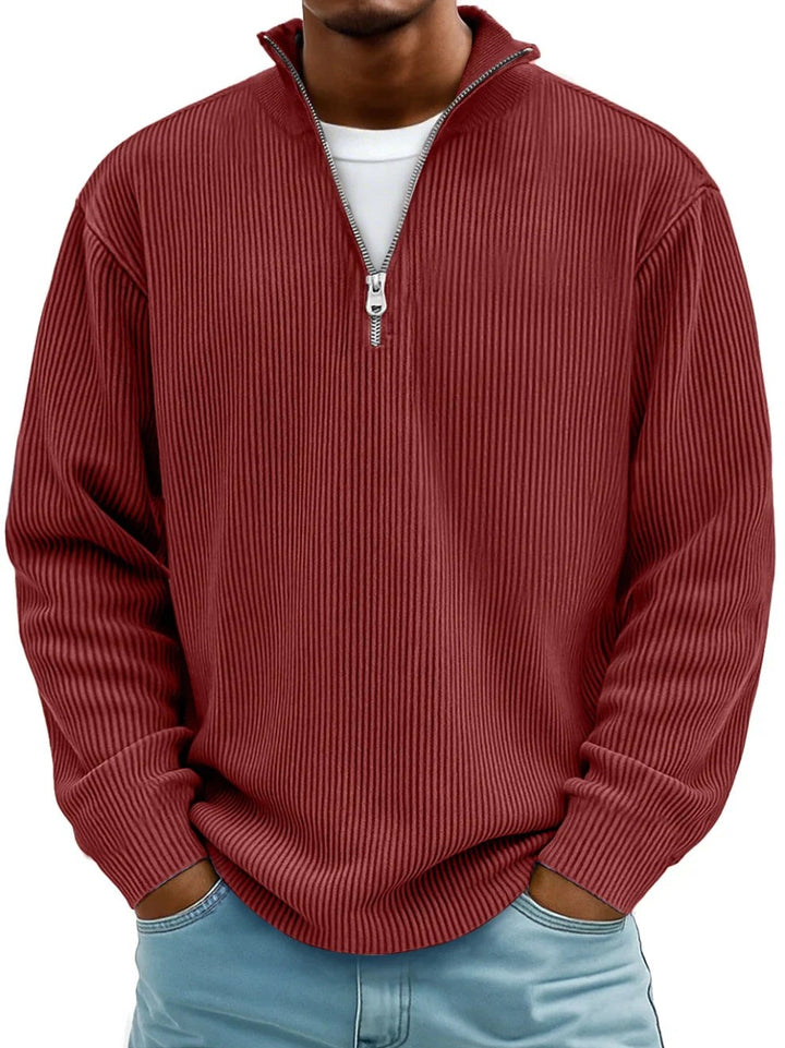 Geripptes Herren-Sweatshirt in Rostrot mit Troyer-Kragen und Reißverschluss