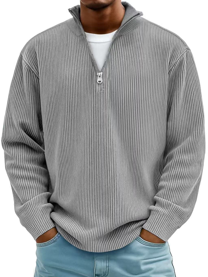 Grauer Troyer-Pullover mit Reißverschluss und geripptem Strickmuster