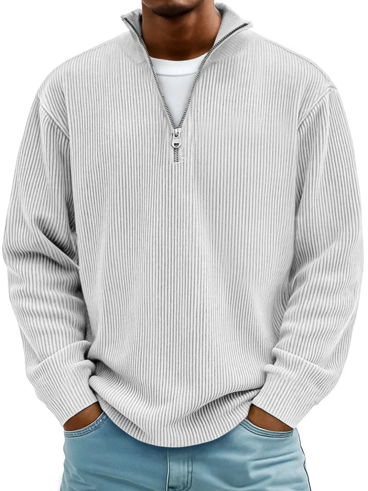 Hellgrauer Pullover mit Rippstruktur und Half-Zip-Kragen für Herren