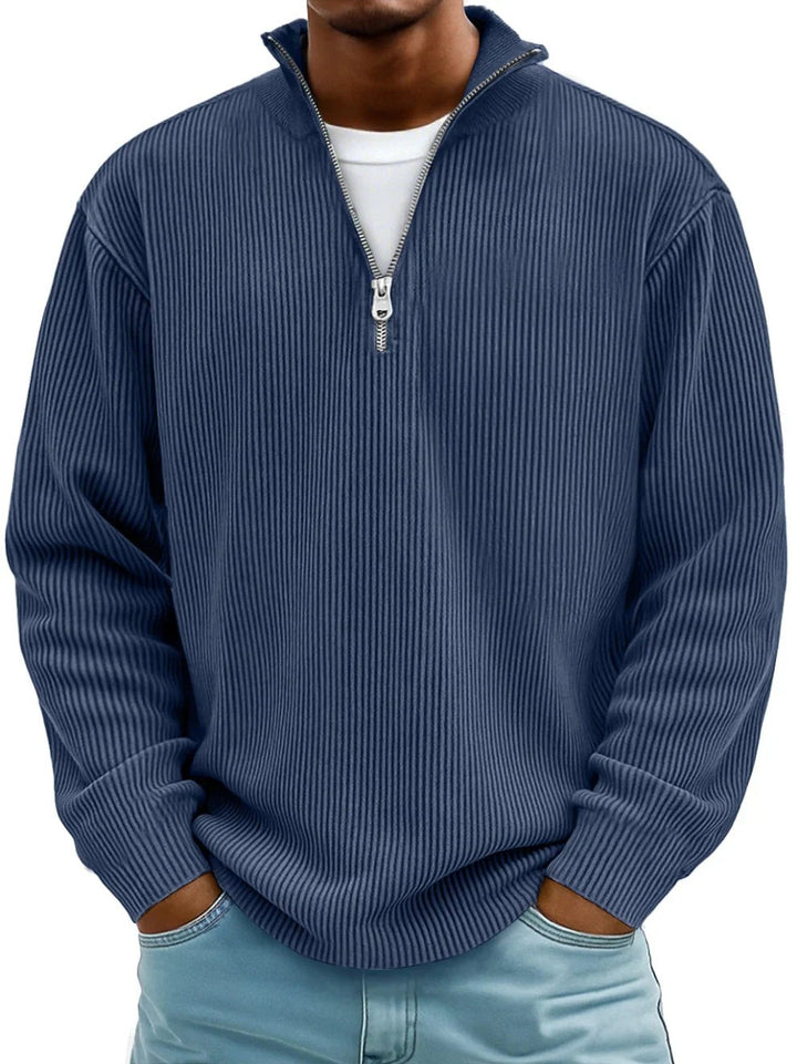Marineblauer Troyer-Sweater mit Reißverschluss und geripptem Stoff