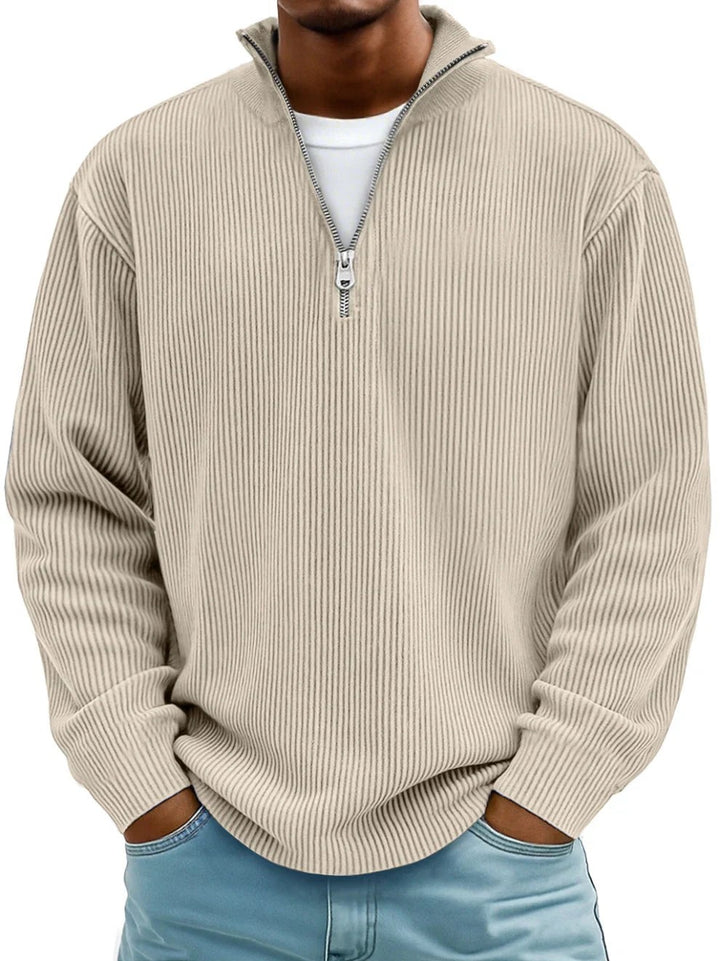 Beiger Herrenpullover mit Stehkragen, Half-Zip und feiner Rippoptik