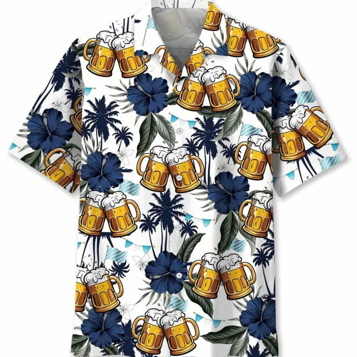 Hawaiihemd weiß mit Bierkrug-Print, Palmen und blauen Hibiskusblüten