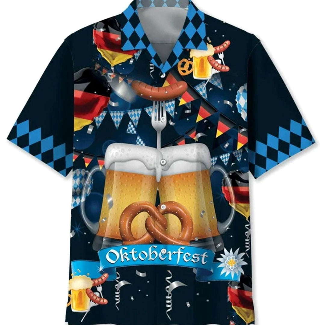 Dunkelblaues Oktoberfest-Hawaiihemd mit Bierkrügen, Brezel und Deutschlandflagge
