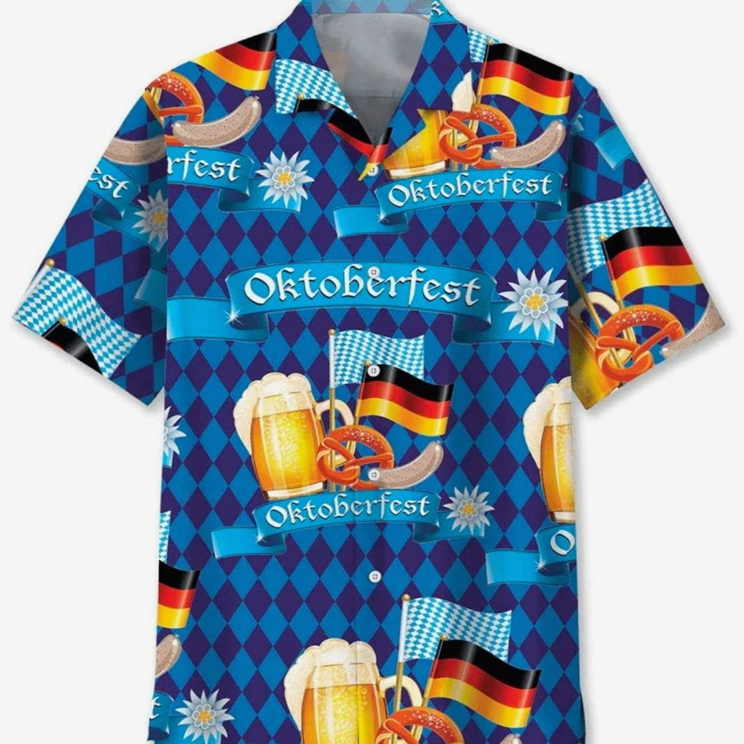 Marineblaues Oktoberfest-Hemd mit Bierkrug, Edelweiß und Bayern-Rautenmuster