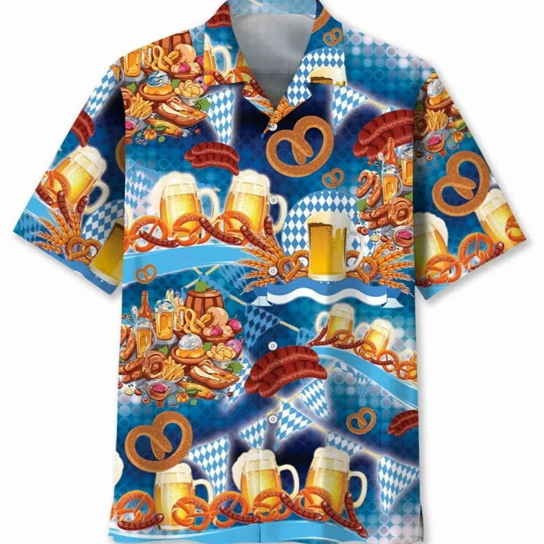Buntes Hawaiihemd mit Oktoberfest-Motiven, Brezeln, Bierkrügen und Bratwurst