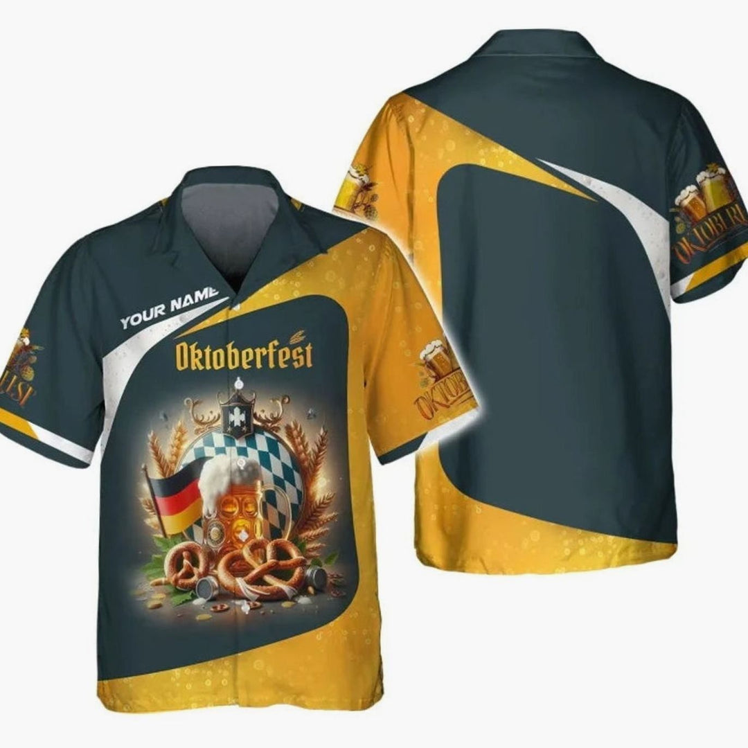 Personalisierbares Oktoberfest-Hawaiihemd in Gelb-Grau mit Bierkrug-Print