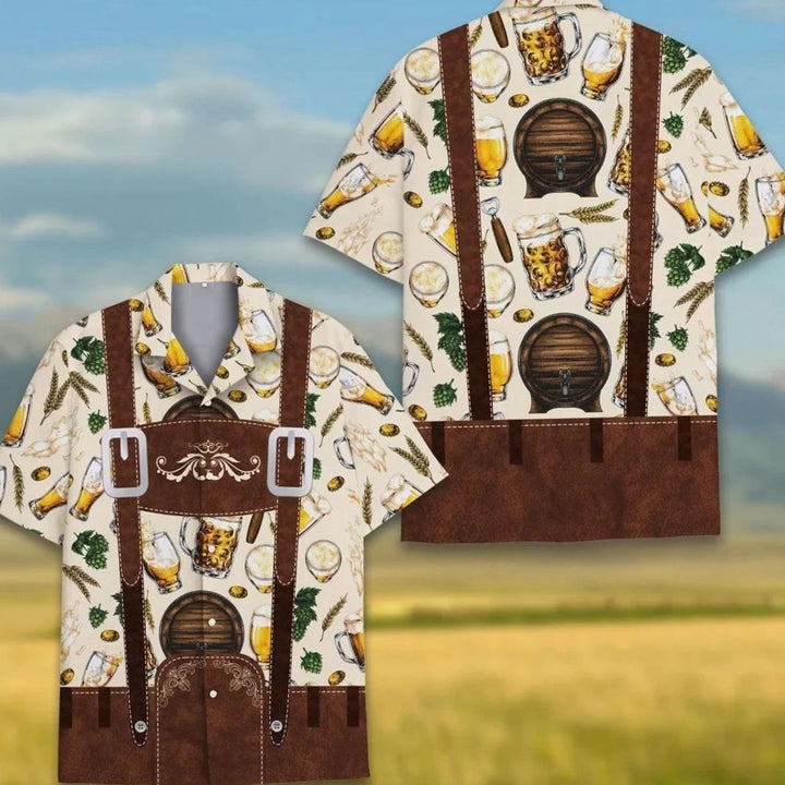 Hawaiihemd mit Lederhosen-Optik und Bierkrug-Muster in Beige und Braun