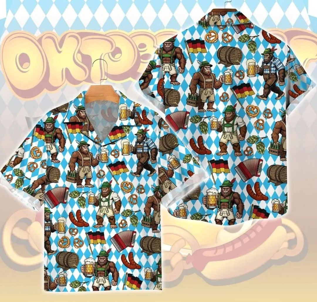 Herren Hawaiihemd Oktoberfest mit Gorilla-Motiv und Bayern-Rautenmuster in Blau