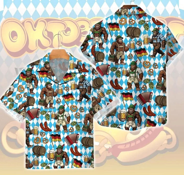 Herren Hawaiihemd Oktoberfest mit Gorilla-Motiv und Bayern-Rautenmuster in Blau