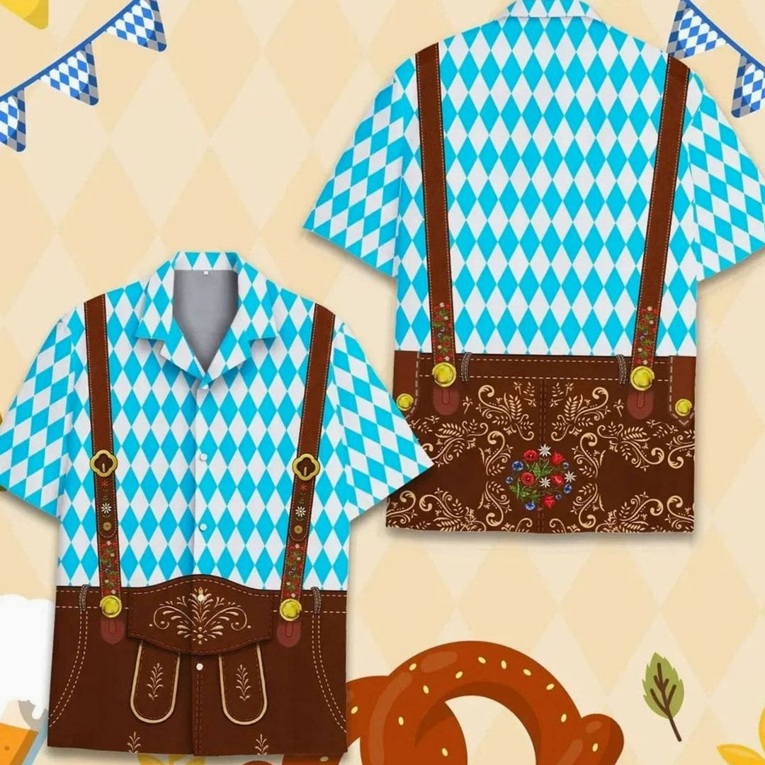 Kurzarmhemd Lederhosen-Design mit Blumenstickerei in Türkis und Braun