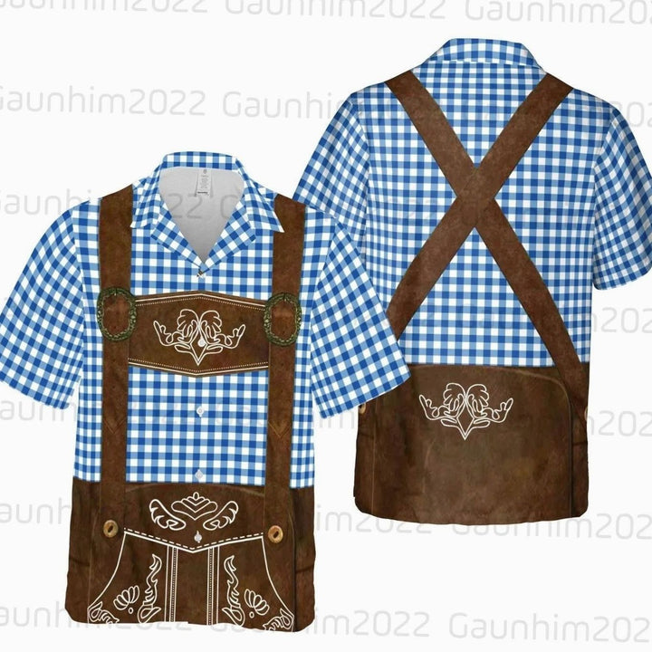 Hawaiihemd Lederhosen-Look mit blau-weißem Karomuster und Trägern