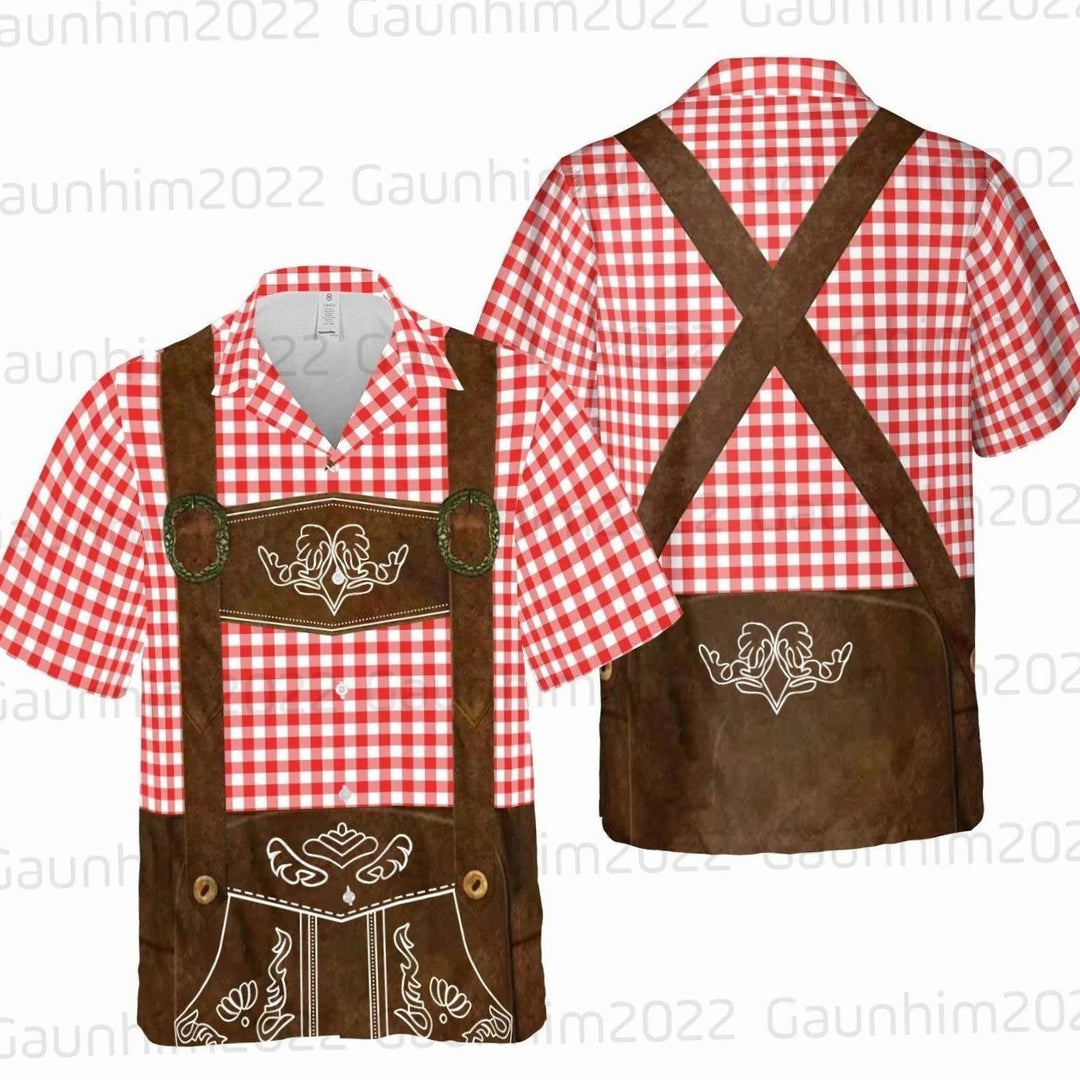 Oktoberfest Hemd mit rot-weißem Vichy-Karo und Lederhosen-Optik