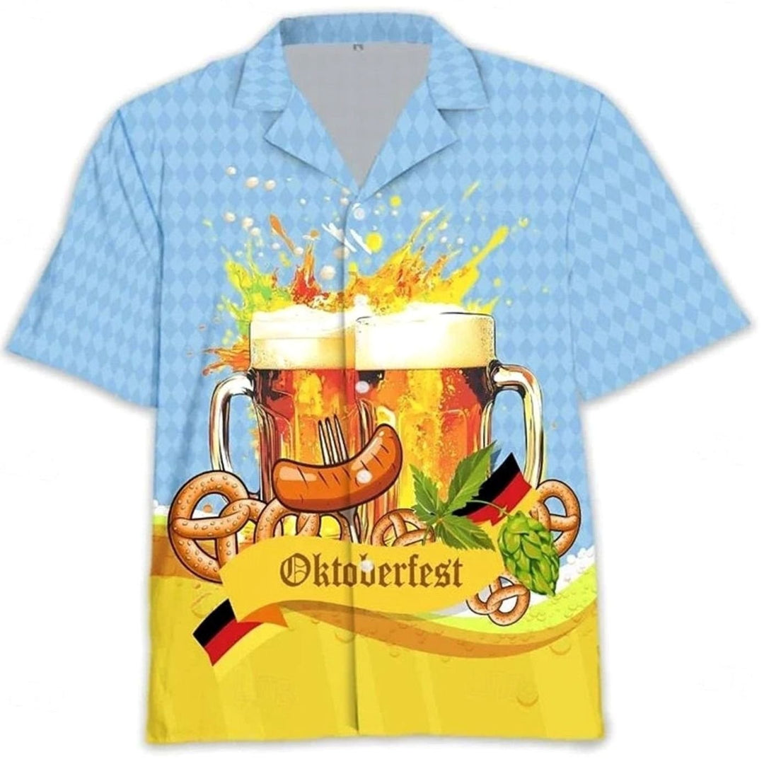 Hawaiihemd hellblau mit Oktoberfest-Motiv, Bierkrügen, Brezeln und Wurst