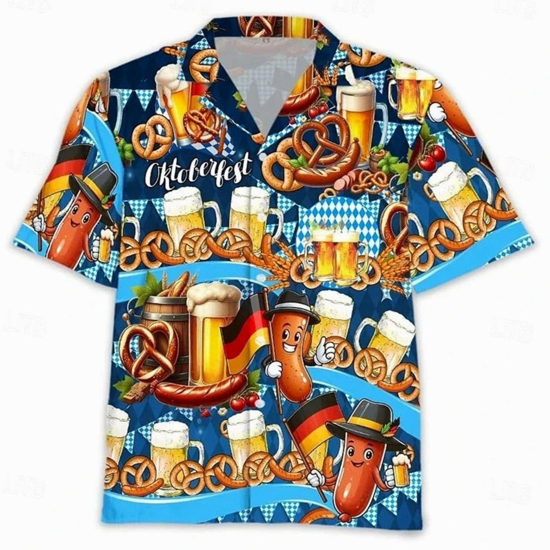 Hawaiihemd dunkelblau mit Oktoberfest-Schriftzug, Bierkrügen und Wurst-Charakteren