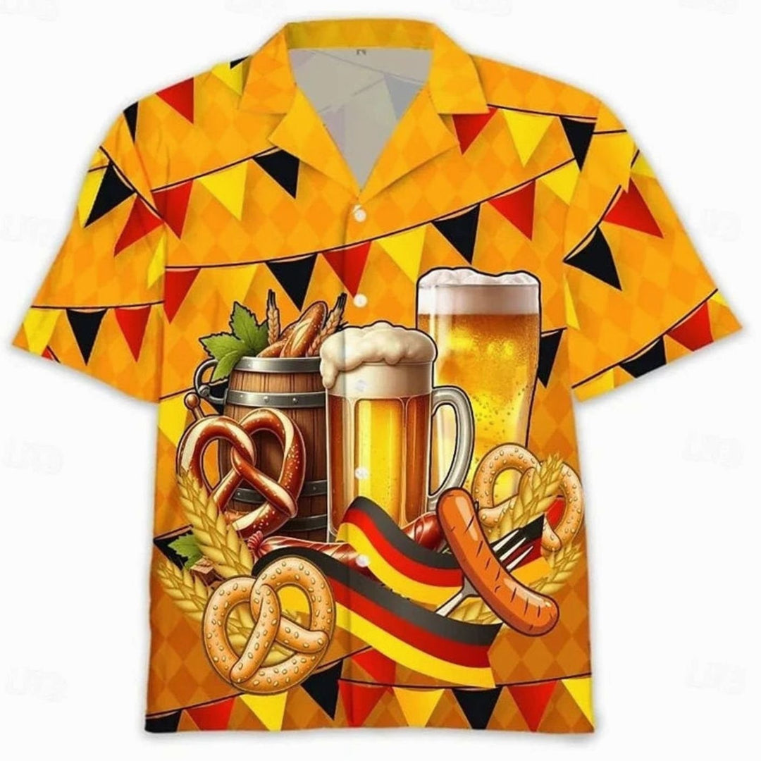 Hawaiihemd gelb mit Wimpelkette, Bierkrug und Brezel-Print im Oktoberfest-Stil
