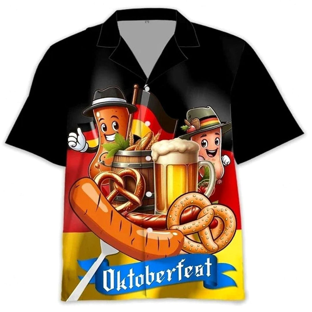 Hawaiihemd schwarz mit lustigen Wurst-Charakteren und Oktoberfest-Schriftzug