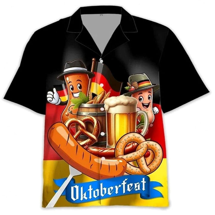 Hawaiihemd schwarz mit lustigen Wurst-Charakteren und Oktoberfest-Schriftzug